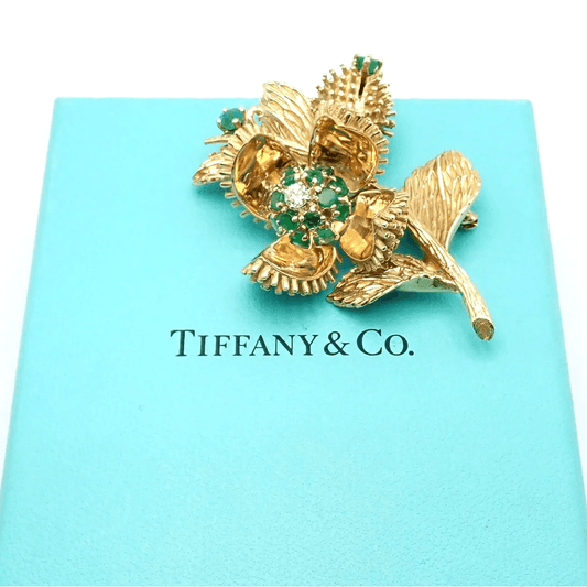 Tiffany & Co. 1970s 18KT Yellow Gold Emerald & Diamond Flower Brooch on box