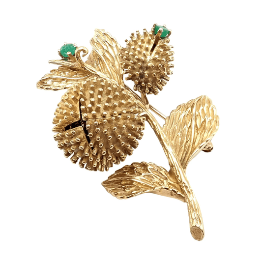 Tiffany & Co. 1970s 18KT Yellow Gold Emerald & Diamond Flower Brooch side