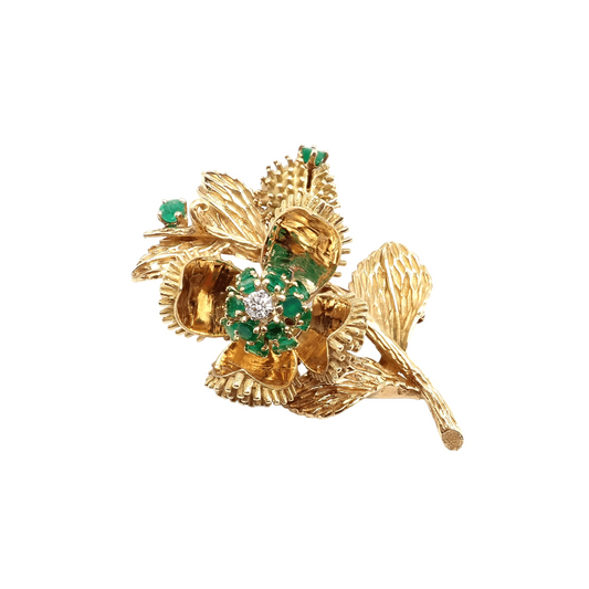 Tiffany & Co. 1970s 18KT Yellow Gold Emerald & Diamond Flower Brooch front