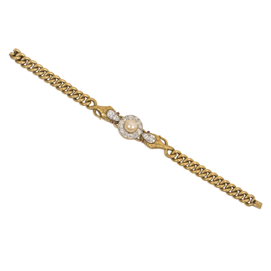French Art Nouveau Platinum & 18KT Yellow Gold Pearl, Diamond & Ruby Bracelet front