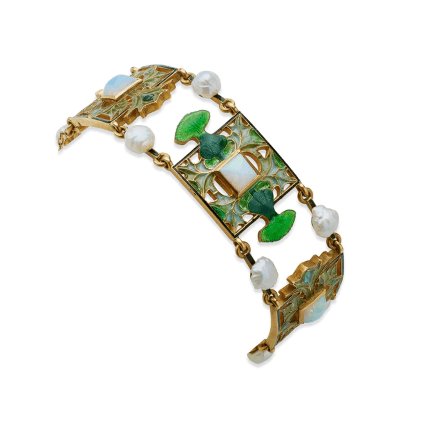 René Lalique Art Nouveau 18KT Yellow Gold Opal, Enamel & Pearl Bracelet front