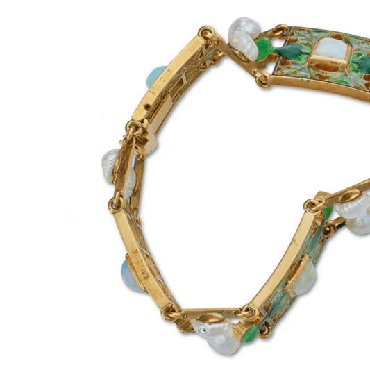 René Lalique Art Nouveau 18KT Yellow Gold Opal, Enamel & Pearl Bracelet signature
