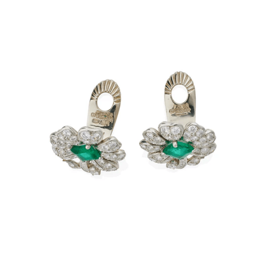 Gazdar 1950s Platinum Emerald & Diamond Flower Earrings signature