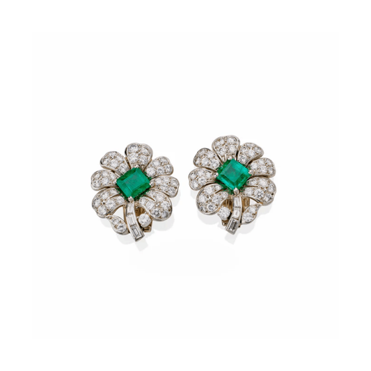 Gazdar 1950s Platinum Emerald & Diamond Flower Earrings front