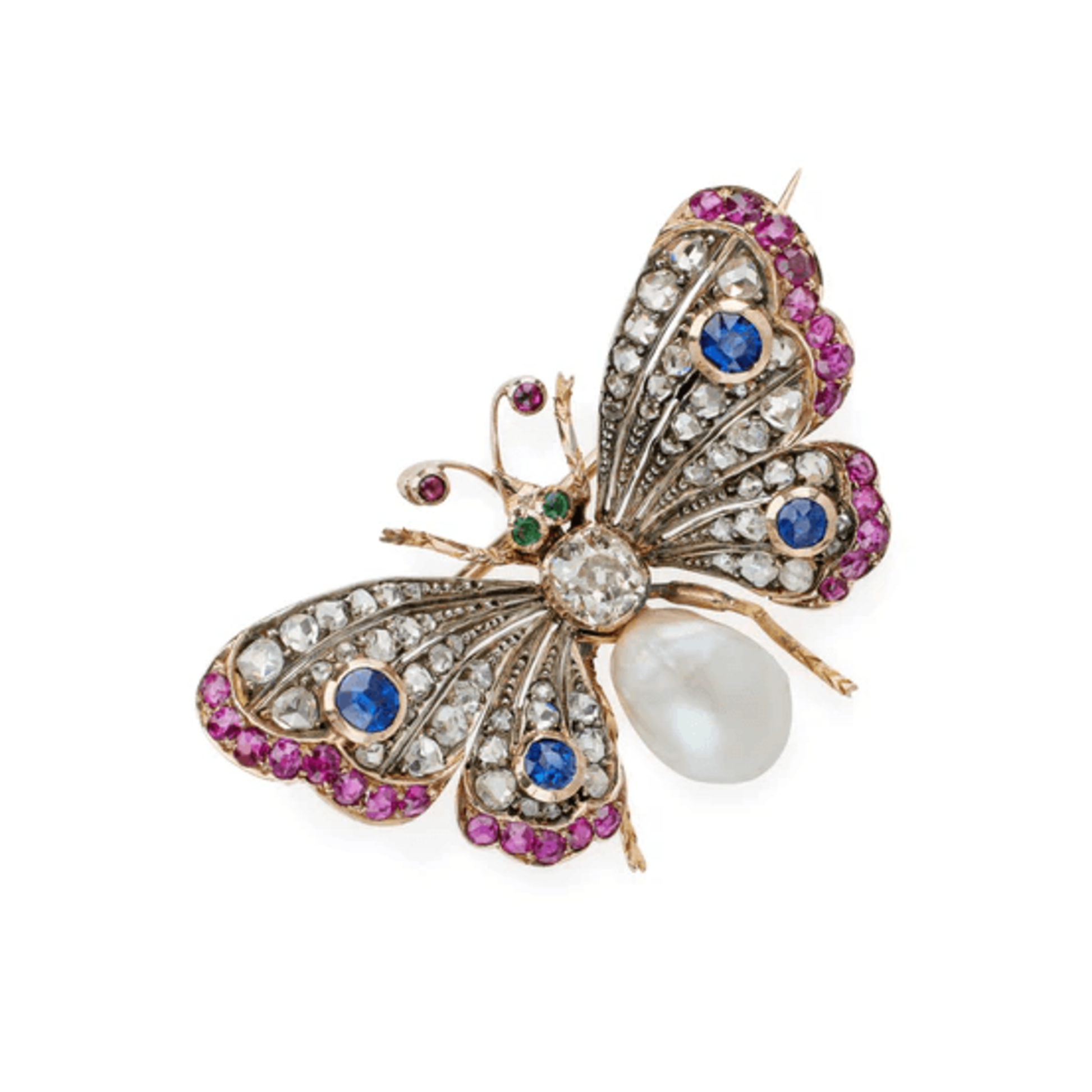 Victorian Silver & 18KT Yellow Gold Diamond, Emerald, Pearl, Ruby & Sapphire Butterfly Brooch front