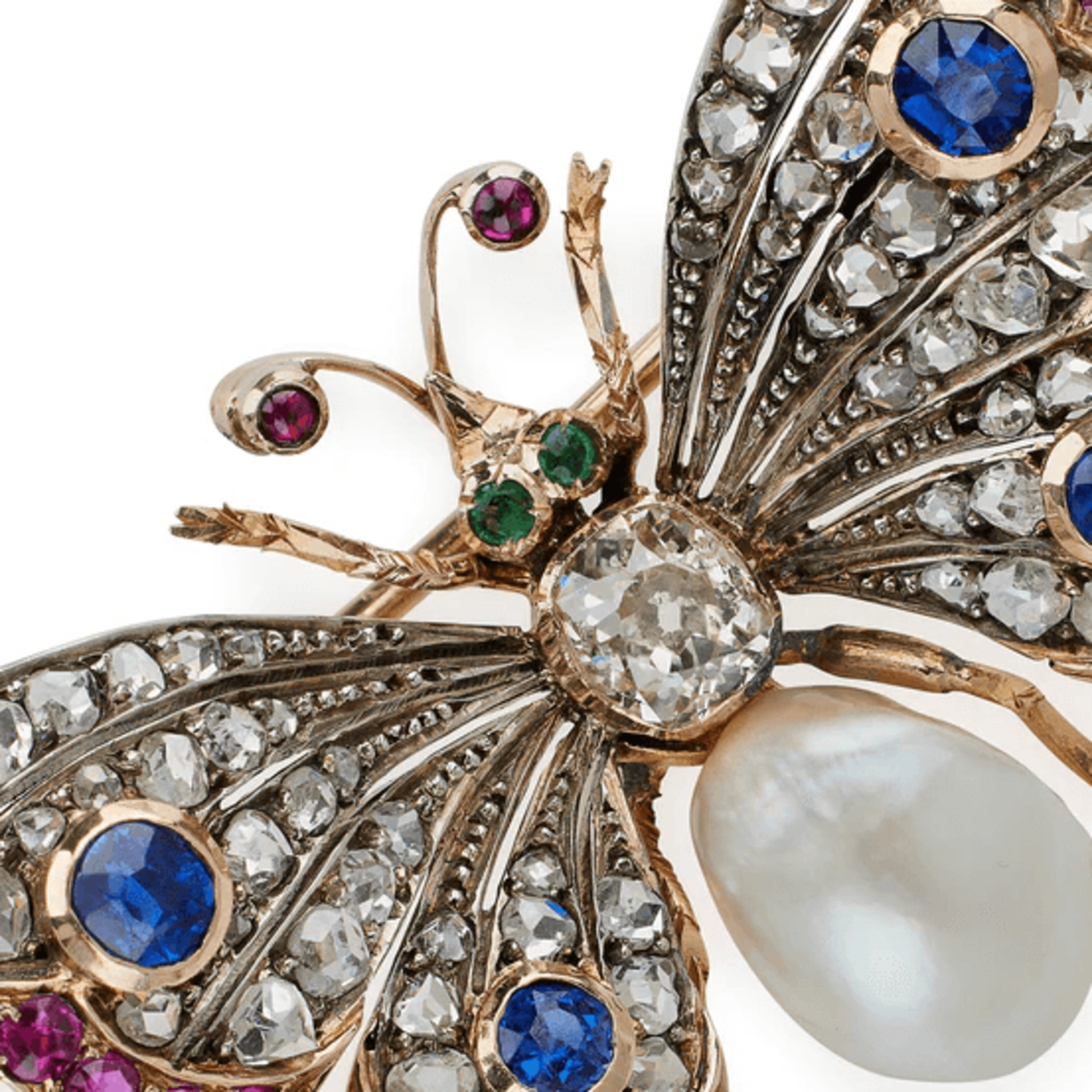 Victorian Silver & 18KT Yellow Gold Diamond, Emerald, Pearl, Ruby & Sapphire Butterfly Brooch close-up details