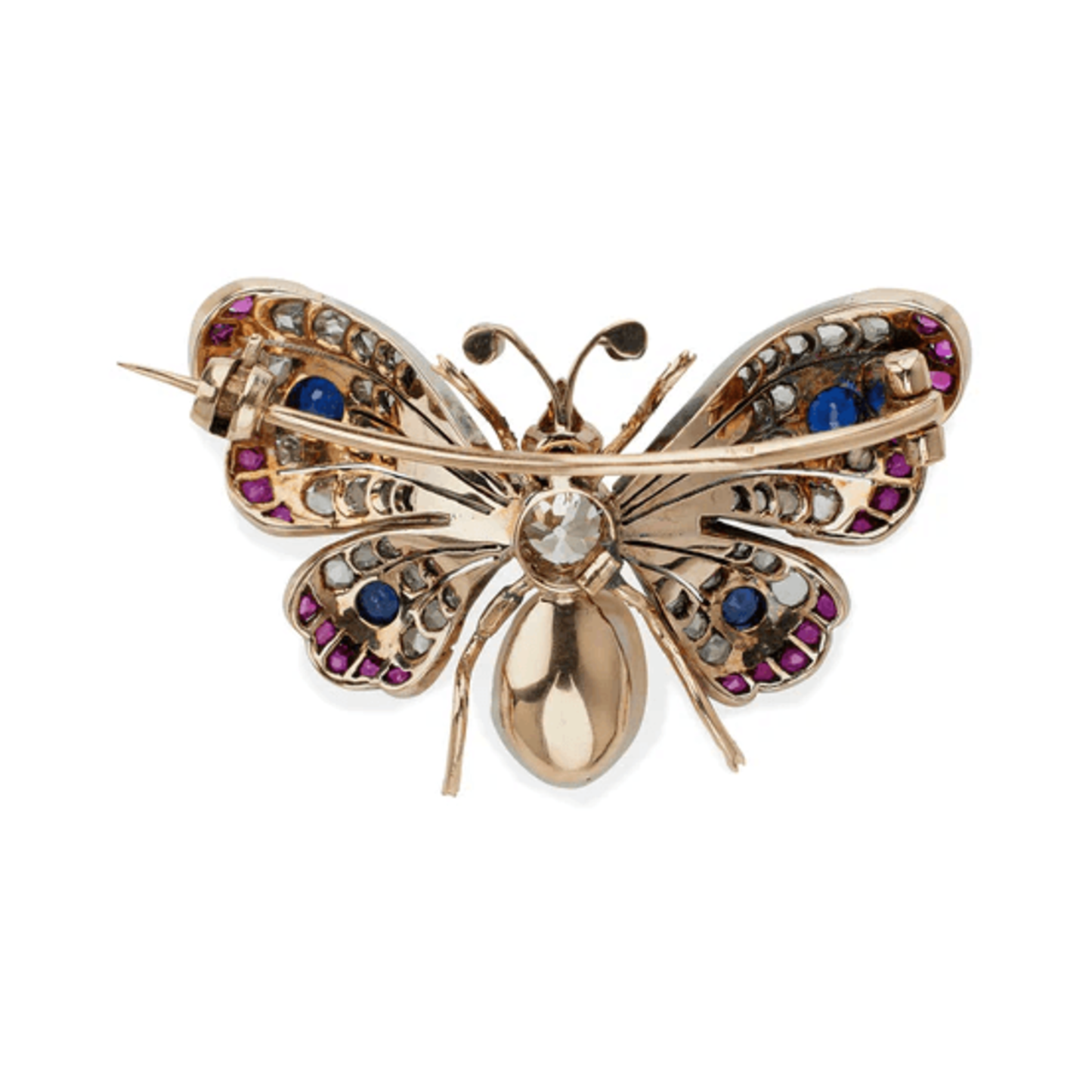 Victorian Silver & 18KT Yellow Gold Diamond, Emerald, Pearl, Ruby & Sapphire Butterfly Brooch back