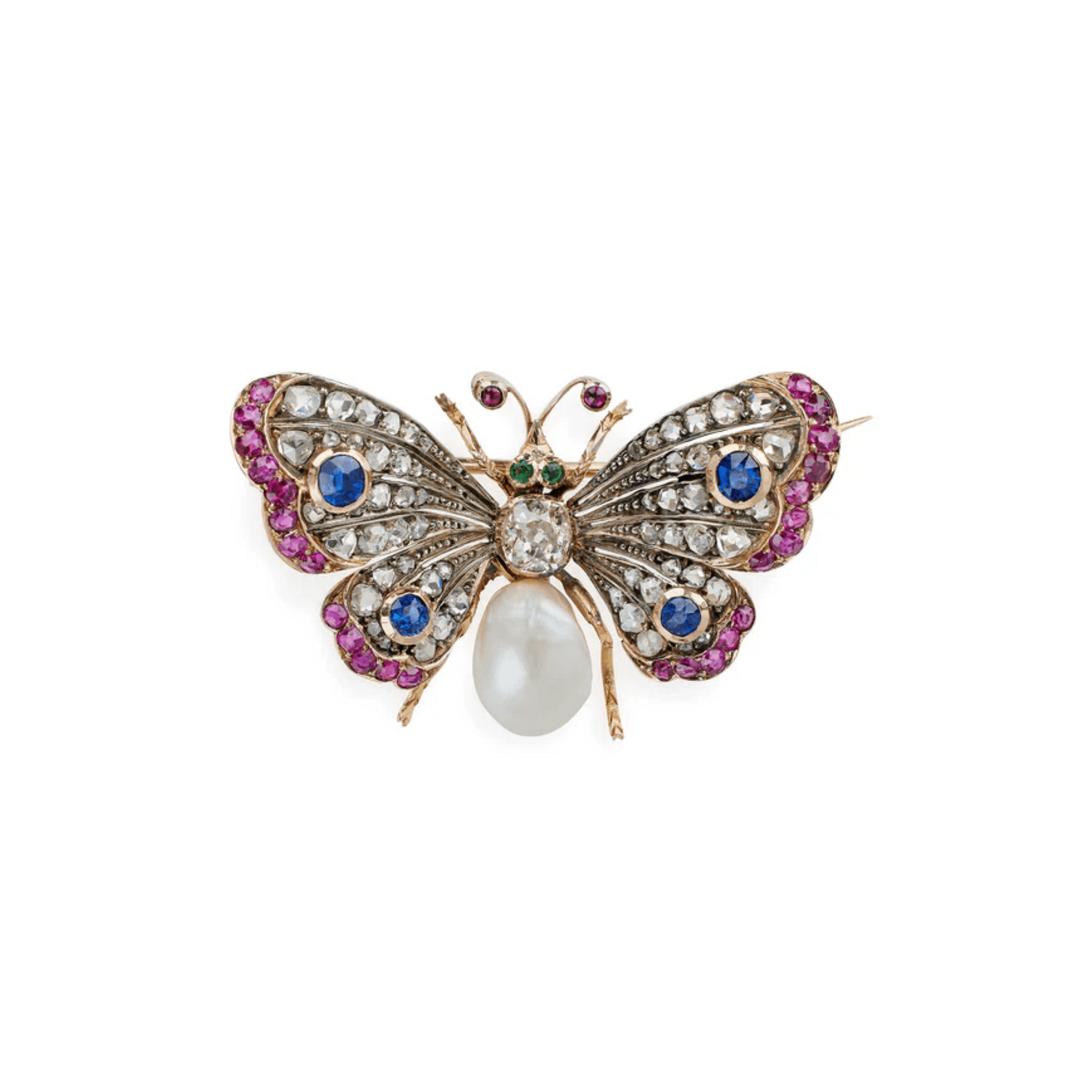 Victorian Silver & 18KT Yellow Gold Diamond, Emerald, Pearl, Ruby & Sapphire Butterfly Brooch front